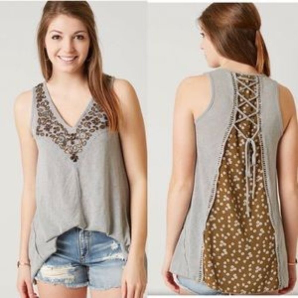Gimmicks by BKE Gray Embellished Tank Top w/ Floral Inlet Back